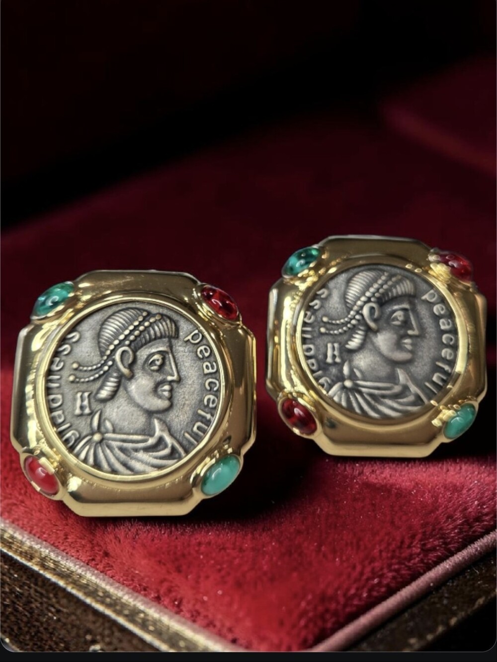 18k Gold Plated Chunky Oversized Byzantine Coin Glass Cabochon Earrings